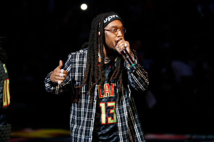 Mar 16, 2017; Atlanta, GA, USA; Takeoff from the hip-hop group Migos performs during halftime of a game between the Memphis Grizzlies and Atlanta Hawks at Philips Arena.